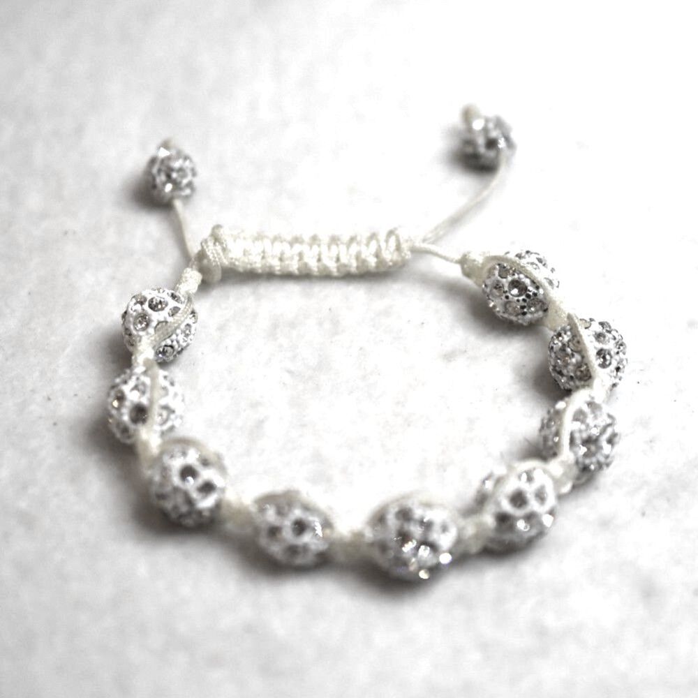 Shamballa Cream/White/Silver Rhinestone Accent Cord Heavy Gently Worn Bracelet